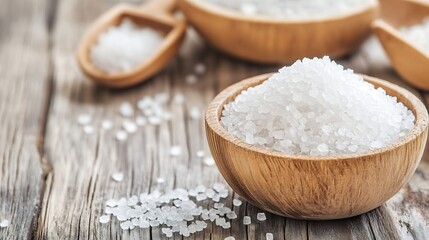 Fototapeta na wymiar Close-up view of sea salt crystals in a rustic wooden bowl, with additional salt in a wooden scoop and scattered on a weathered wood table. : Generative AI