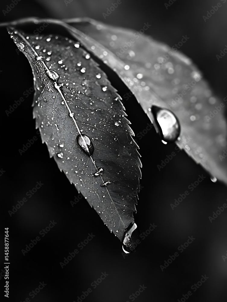 Poster close-up of two leaves with water droplets, showcasing the texture and detail of the foliage in mono