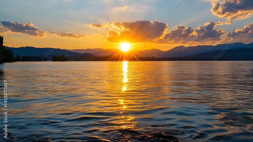 Aufkleber serene sunset over a calm lake, with the sun's golden rays reflecting on the water, creating a breat