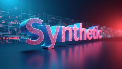 Synthetic Media. 3D blue and pink glowing text "Synthetic" with futuristic digital background, technology concept, suitable for AI, innovation, science, and cyber themes, vibrant neon lighting, moder
