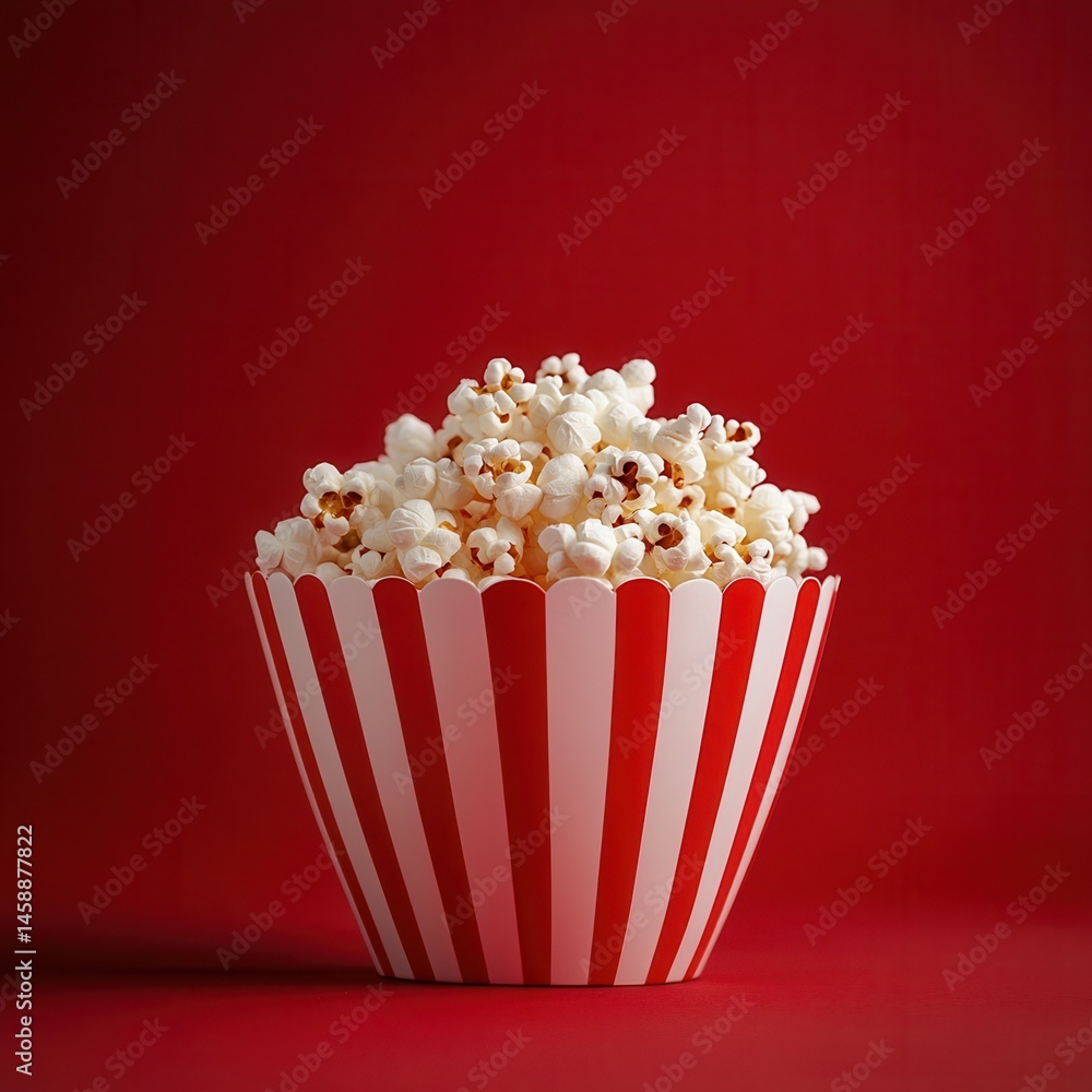 Poster bowl overflowing with fluffy popcorn on a vibrant red backdrop, simple shot conveys the essence of s