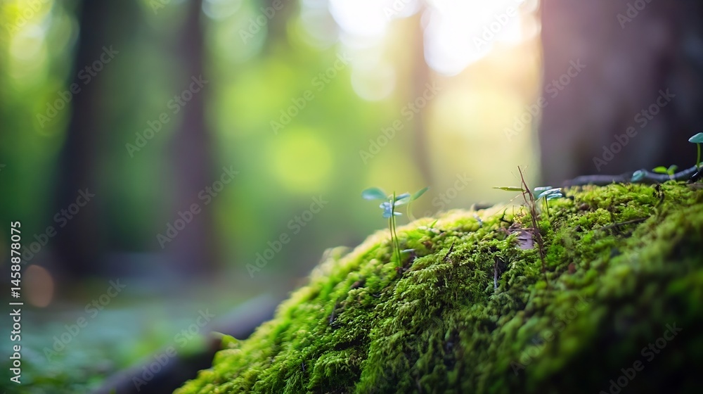 Poster close-up view of vibrant green moss thriving on a forest floor, illuminated by sunlight filtering th
