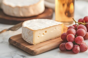 Still Life of Creamy Cheese and Red Grapes on Wooden Board