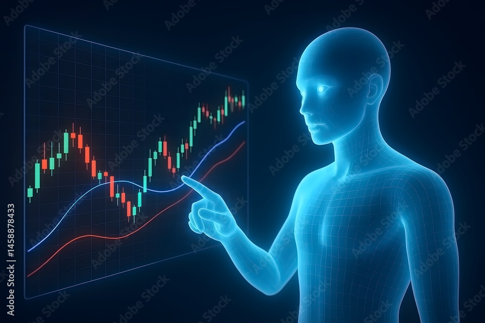 Poster futuristic figure interacting with trading charts depicting business analytics and utilizing advance