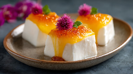 Sweet Delight: A close-up shot of beautifully arranged panna cotta desserts, topped with vibrant orange sauce, delicate purple flower and fresh mint, creating an enticing culinary experience. 