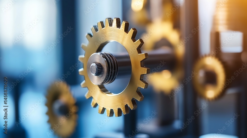 Fototapete close-up of a golden gear, precisely engineered, intermeshing with another gear, showcasing intricat