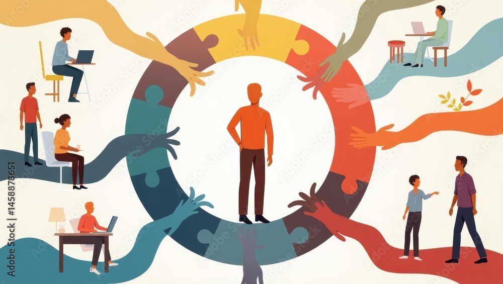 Aufkleber systemic reform inequality. teamwork concept. diverse group. puzzle connection. collaborative work. 