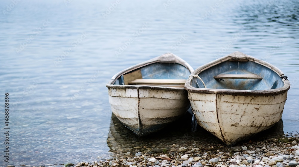Poster two weathered wooden rowboats rest side by side on a pebble shore, gently lapping against the calm, 