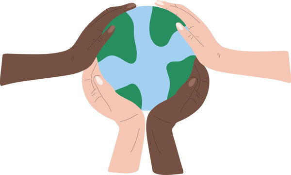 Tge Earth being gently embraced by arms of different skin tones