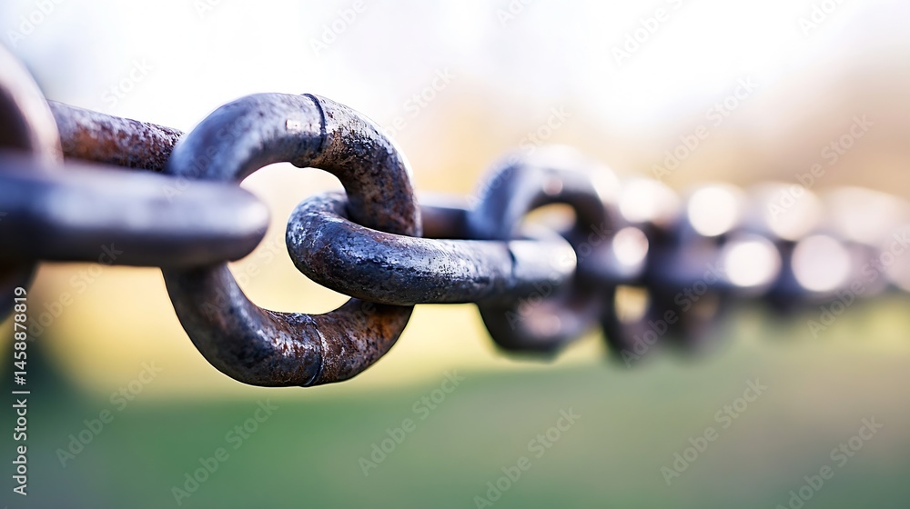 Poster close-up view of a rusty metal chain outdoors, links interconnected, showing texture and depth of fi