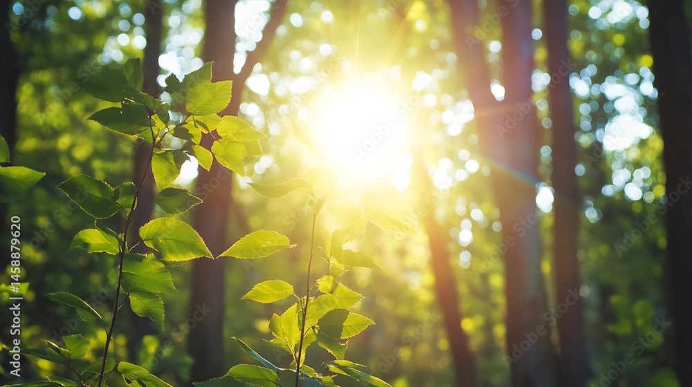 Aufkleber sunlight filtering through lush green leaves in a forest, creating a warm and vibrant natural scene.
