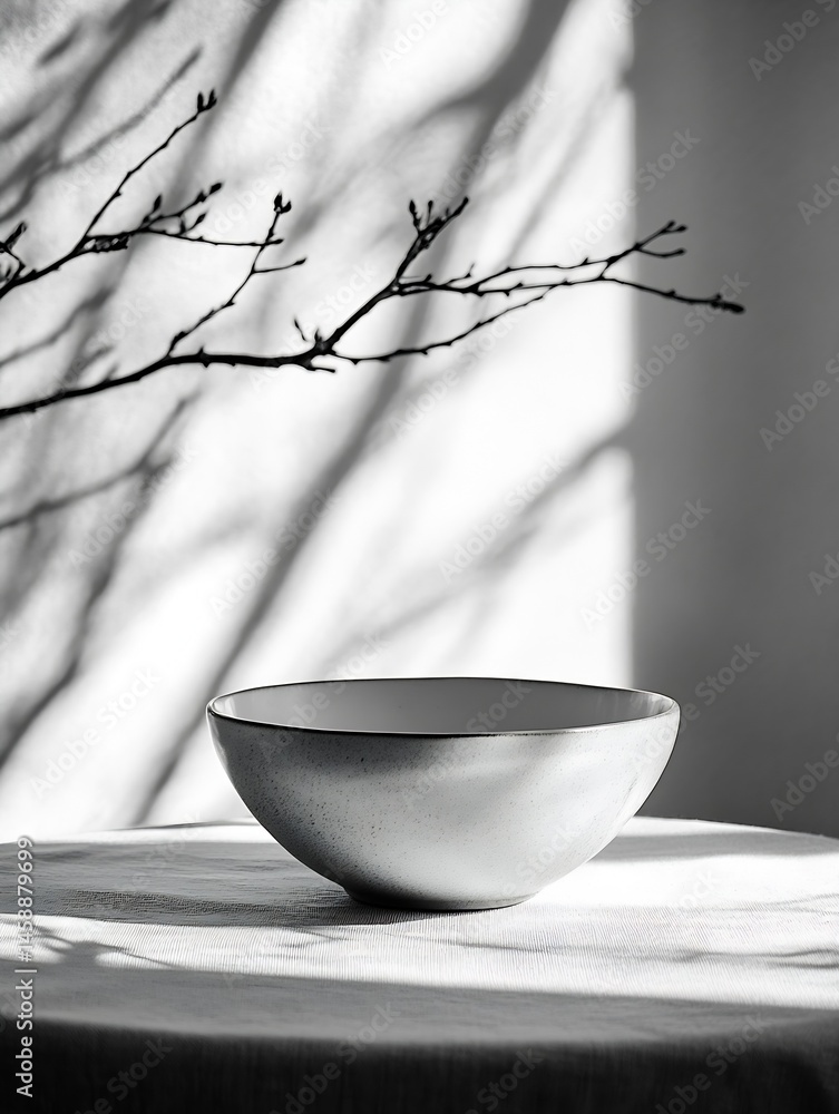 Fototapete a minimalist grayscale image showcasing an empty ceramic bowl on a textured linen tablecloth, with a