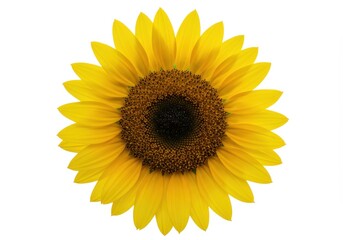 Close-up of a bright yellow sunflower with a dark brown center against a clean white background, showcasing its vibrant petals