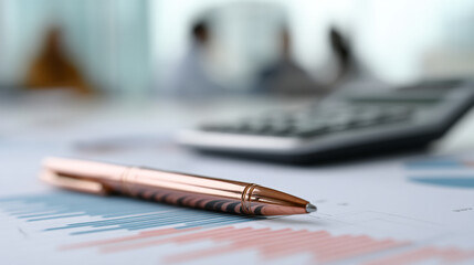 Rose gold pen rests on financial charts, blurred background shows office workers, suggesting business, finance, or office work