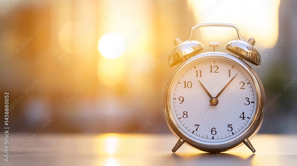 Poster classic silver alarm clock on a table at sunset, showing the time, with a warm, golden light bokeh b