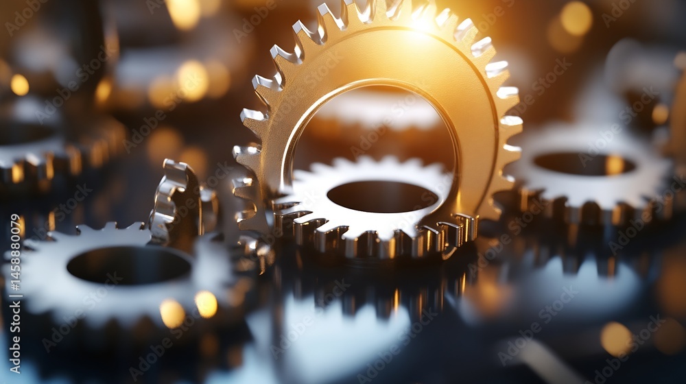 Poster Close-up of metallic gears interlocked, reflecting light; a detailed image showcasing precision engineering and intricate mechanics. : Generative AI