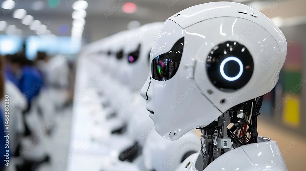 Poster a row of humanoid robots, their white faces and sleek designs reflecting a futuristic technological 