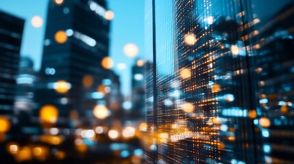 Fototapeta premium Abstract city nightscape with blurred skyscrapers and glowing lights, showcasing a futuristic urban scene with a focus on technological elements and dynamic energy. : Generative AI