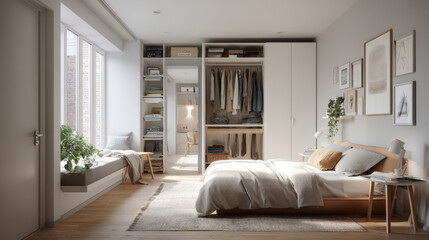 Modern log style bedroom featuring light colored wood, cozy bed with soft linens, and well organized closet. space is bright and inviting, perfect for relaxation and comfort