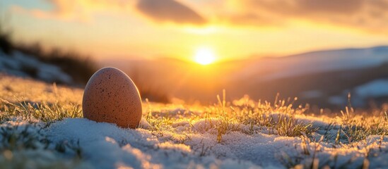 Sunrise egg on a snowy hillside