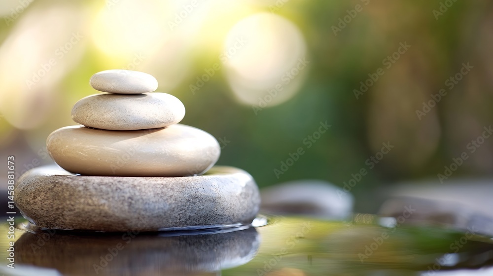 Poster serene stack of balanced stones in a tranquil garden setting, reflecting in calm water, soft sunligh