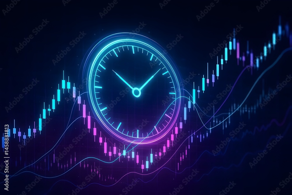 Aufkleber time and trading a neon blue clock overlaying stock market data and business analytics depicting alg