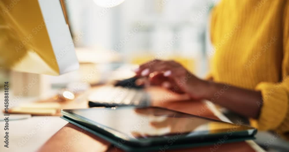 Poster Person, hands and web designer with tablet for research, digital design or development at office. Closeup, employee or interactive display with technology or computer for multimedia app at workplace