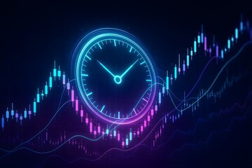 Time and trading a neon blue clock overlaying stock market data and business analytics depicting algorithms and financial trends