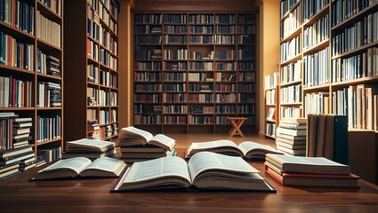 Cozy library with open books and shelves of books for atmosphere of studying