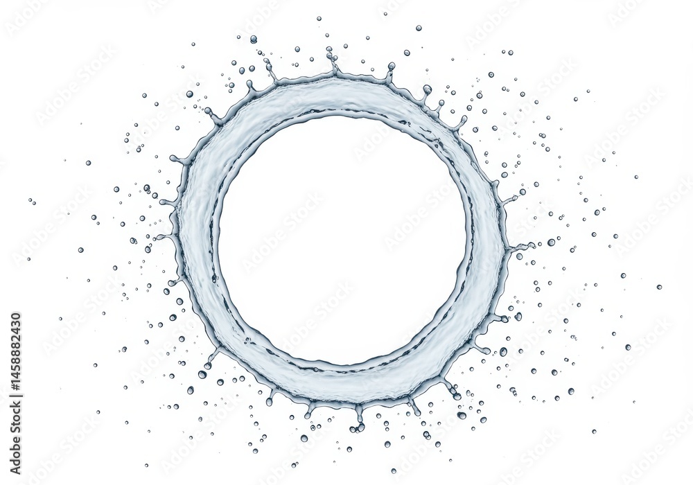 Poster circular water splash with droplets isolated on white creating a ring shape with empty space in the 