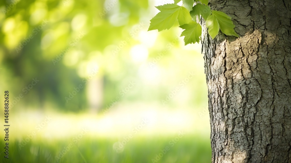 Poster close-up of tree bark texture with vibrant green leaves, sunlight illuminating the scene, creating a