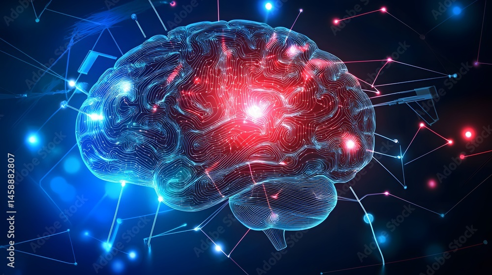 Poster abstract representation of a human brain with digital network connections.