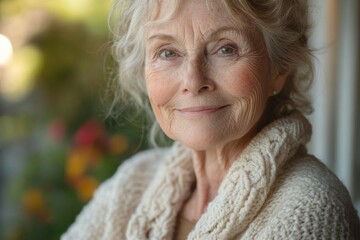 A serene elderly woman with silver hair, wearing a cream-colored knit cardigan, smiles gently.