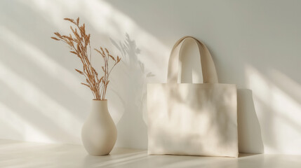 Eco-conscious design mockup featuring a neutral fabric tote bag and a minimalist vase