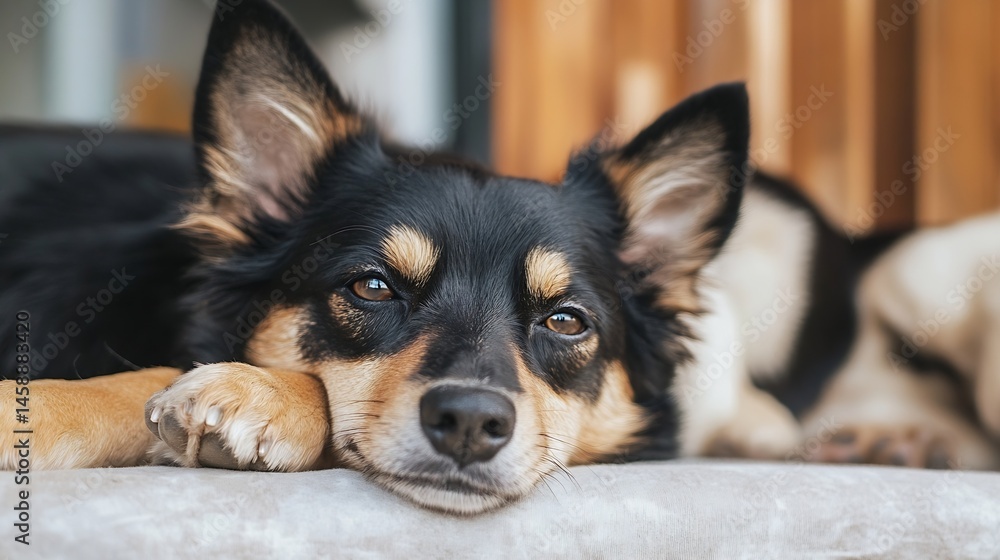 Poster close-up portrait of a relaxed tri-color dog, resting its head on a light-grey surface, showing its 