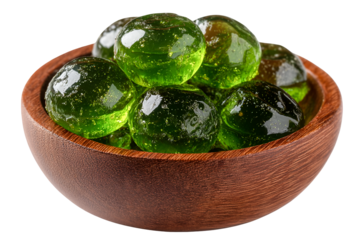 Luscious Green Candy Jewels in Wooden Bowl Delightful Sweet Treat