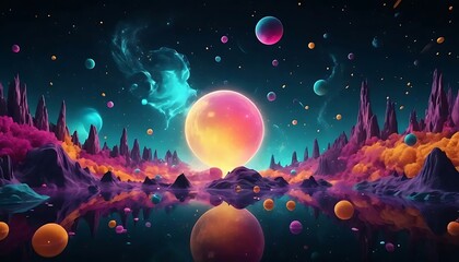 Surreal cosmic landscape reflected in water with vibrant planets and nebulous formations above.