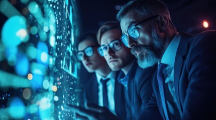 A group of businessmen leveraging AI technology to search data, improve profits, analyze trends, optimize operations, and enhance customer experience for greater efficiency.