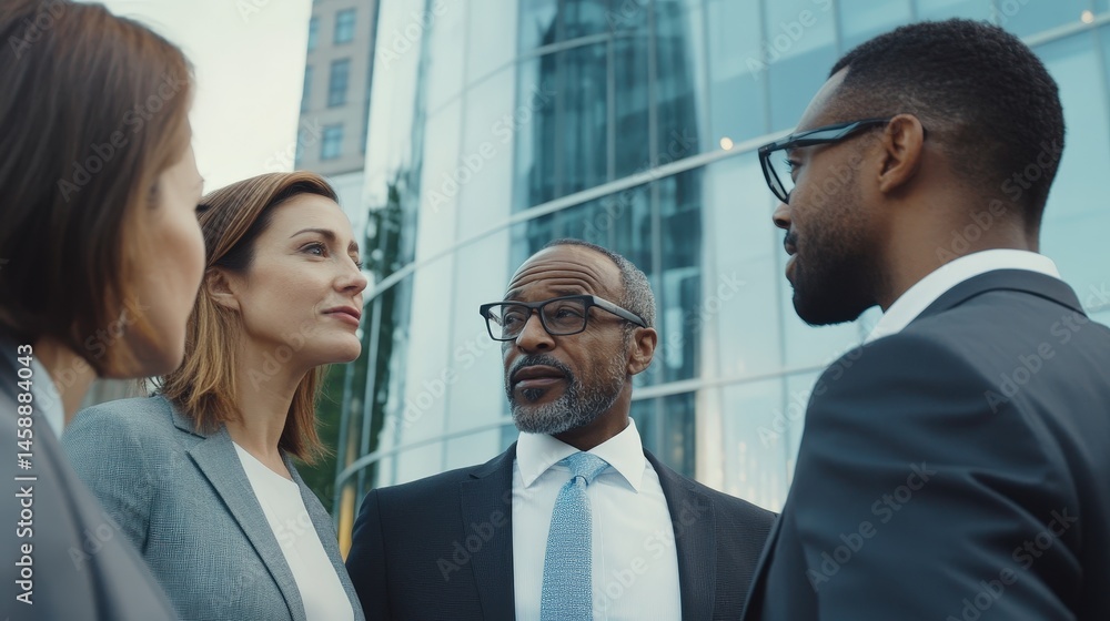 Aufkleber a group of diverse business partners in suits, brainstorming and discussing strategies in front of a