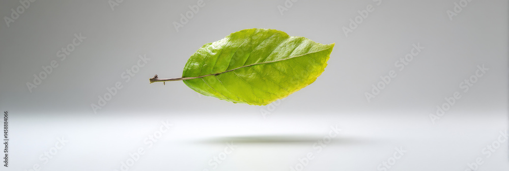 Aufkleber single, vibrant green leaf floats against a minimalist, light gray backdrop, showcasing its intricat