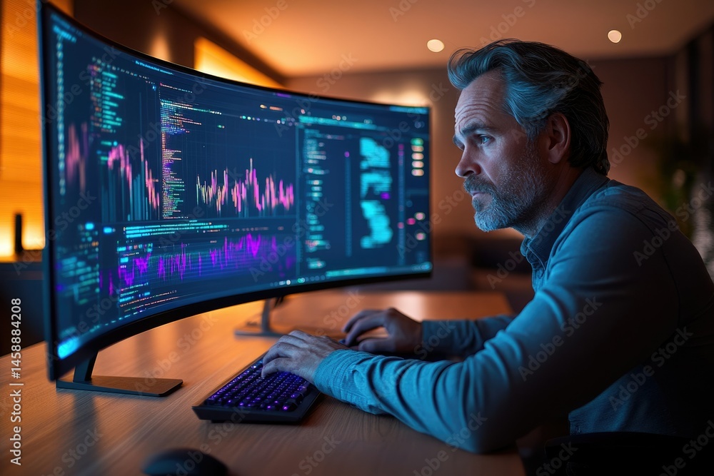 Poster a man analyzes financial data and code on a large curved monitor, illuminated in a dim room.