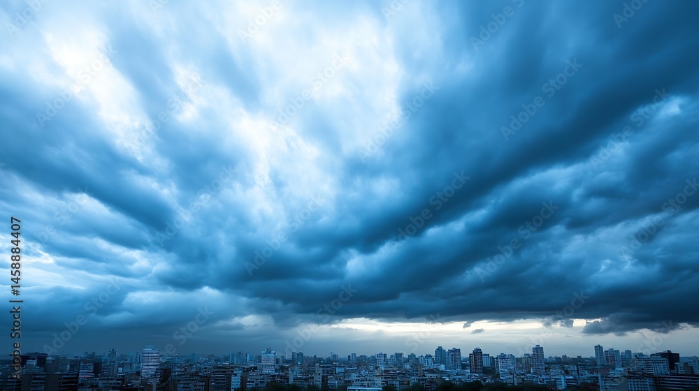 Poster dramatic blue sky with heavy storm clouds over a cityscape, creating a moody and atmospheric scene. 