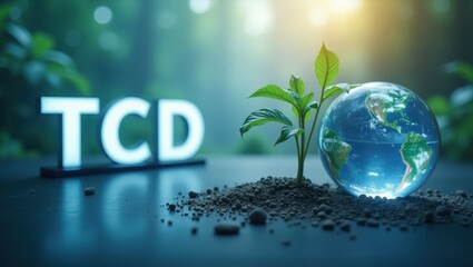 Tcfd. Small green plant with leaves growing on soil near transparent globe representing Earth and TCD letters illuminated in green background, environmental sustainability, ecology, green energy conc