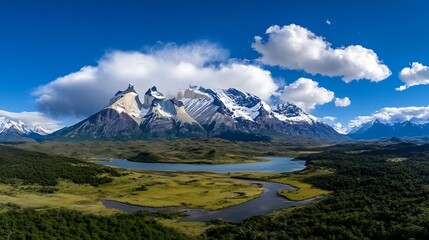 Fototapeta premium Majestic snow-capped peaks of Patagonia rise above a serene river valley, under a vibrant blue sky dotted with fluffy cumulus clouds. A picturesque landscape of mountains, water, and : Generative AI