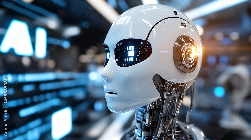 Fototapete close-up view of a futuristic humanoid robot head, showcasing intricate metallic details and glowing