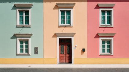 Fototapeta premium Pastel facade with simple details, a clean urban backdrop. Minimalist charm in soft daylight.