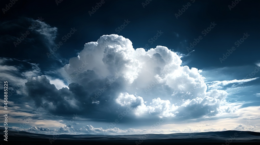 Aufkleber a massive cumulonimbus cloud dominates a dark blue sky over a flat, shadowed landscape, creating a d