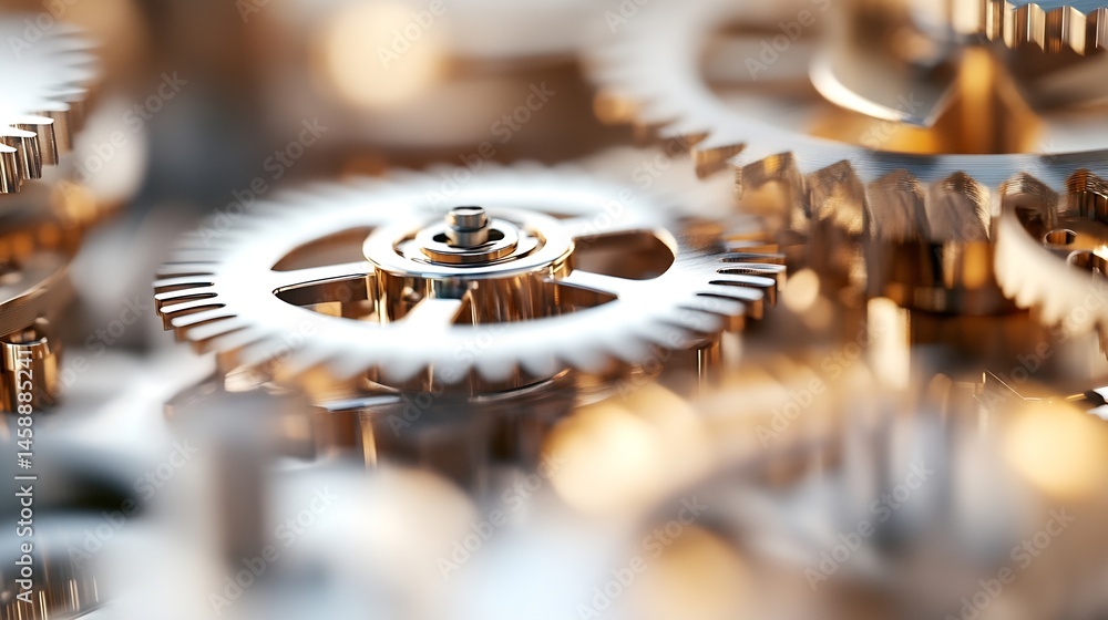 Fototapete close-up view of intricate metallic gears interlocked, showcasing precision engineering and complex 