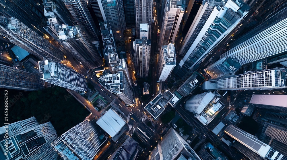 Poster aerial view of a dense cityscape at twilight, showcasing numerous skyscrapers and city streets illum