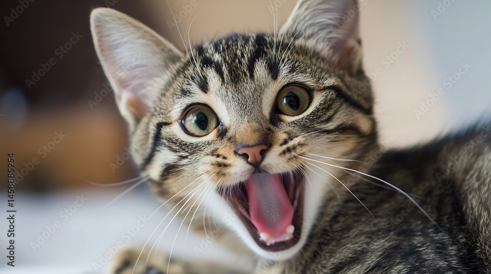 Poster close-up portrait of a playful tabby kitten with its mouth open, showing pink tongue and teeth, agai